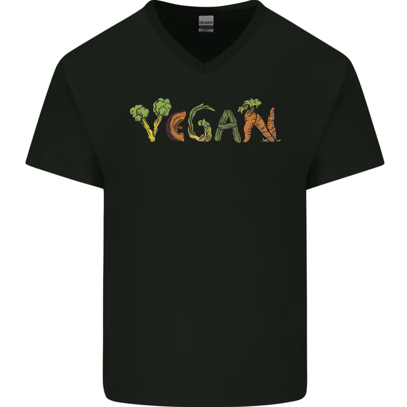 Vegan Vegetables Mens V-Neck Cotton T-Shirt Black