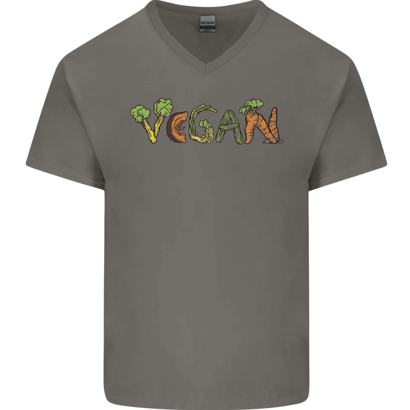 Vegan Vegetables Mens V-Neck Cotton T-Shirt Charcoal
