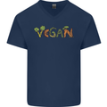 Vegan Vegetables Mens V-Neck Cotton T-Shirt Navy Blue