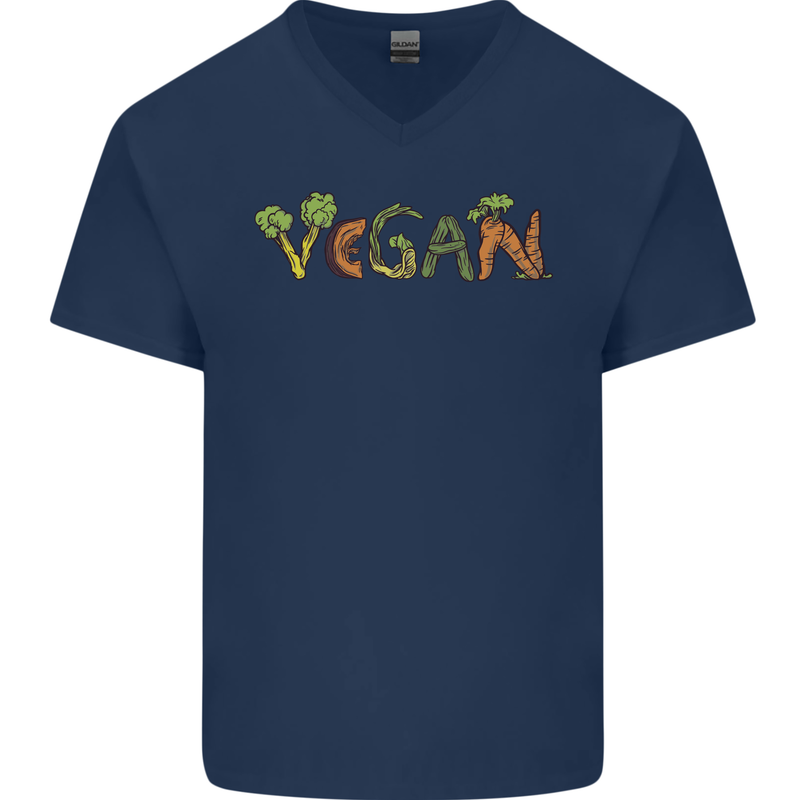 Vegan Vegetables Mens V-Neck Cotton T-Shirt Navy Blue