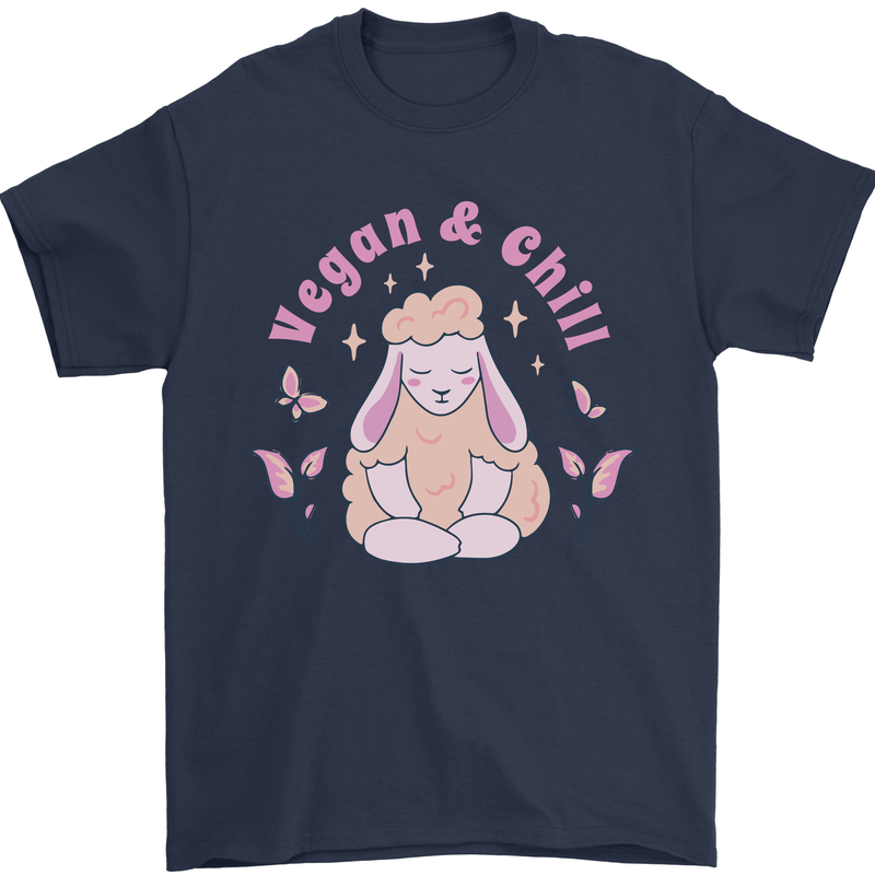 Vegan & Chill Meditation Yoga Spiritual Mens T-Shirt 100% Cotton Navy Blue