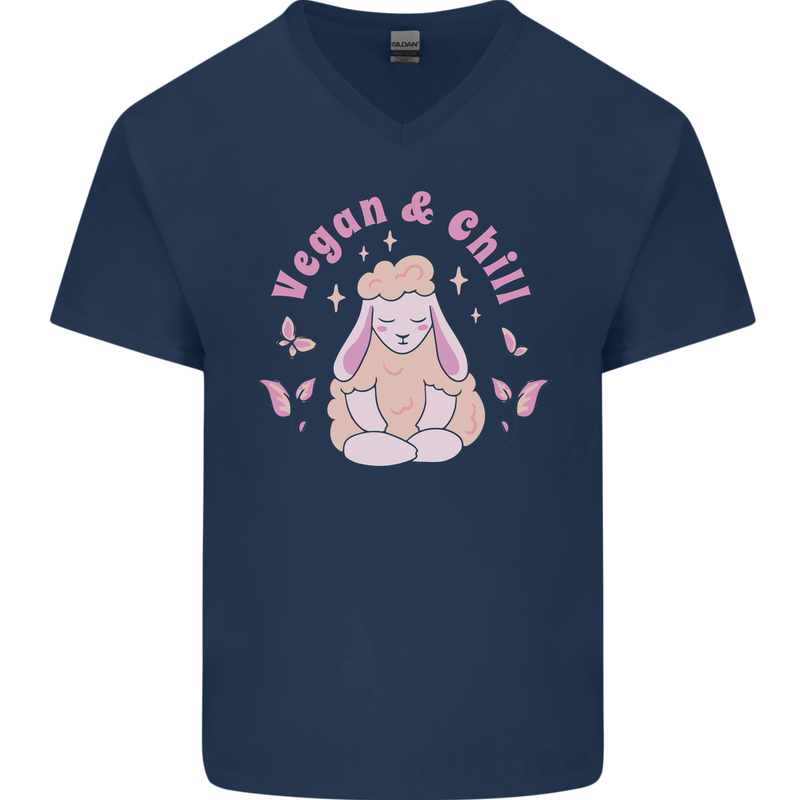 Vegan & Chill Meditation Yoga Spiritual Mens V-Neck Cotton T-Shirt Navy Blue