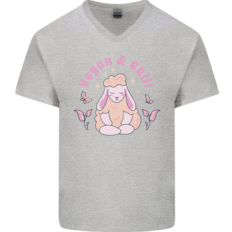 Vegan & Chill Meditation Yoga Spiritual Mens V-Neck Cotton T-Shirt Sports Grey