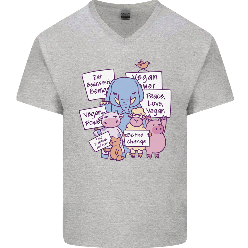 Vegetarian Animals Vegan Mens V-Neck Cotton T-Shirt Sports Grey