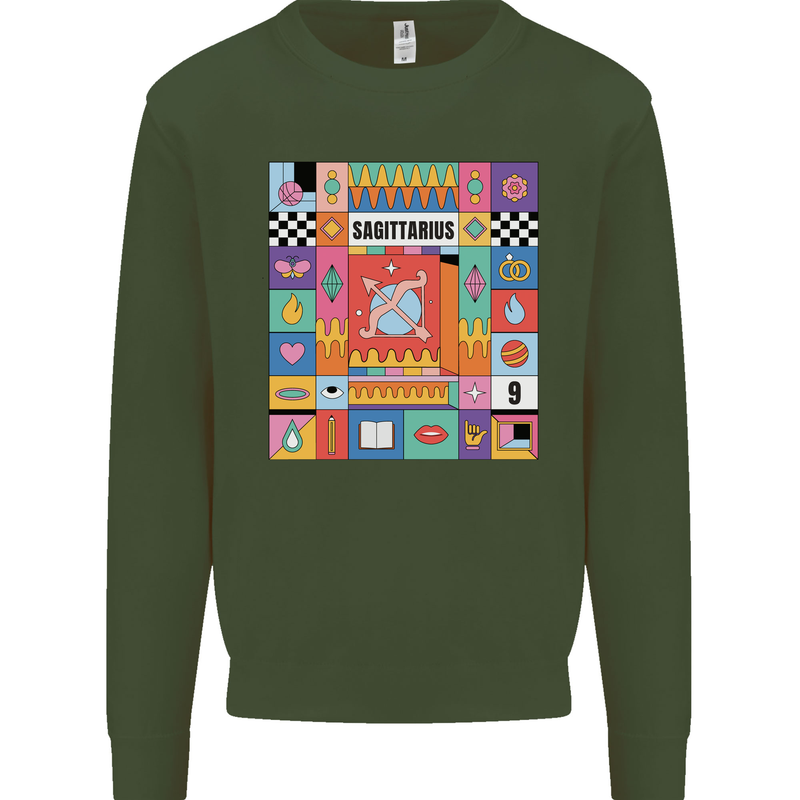 Vibrant Sagittarius Star Sign Zodiac Kids Sweatshirt Jumper Forest Green