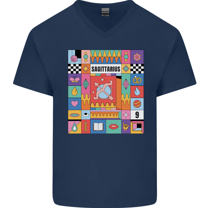 Vibrant Sagittarius Star Sign Zodiac Mens V-Neck Cotton T-Shirt Navy Blue