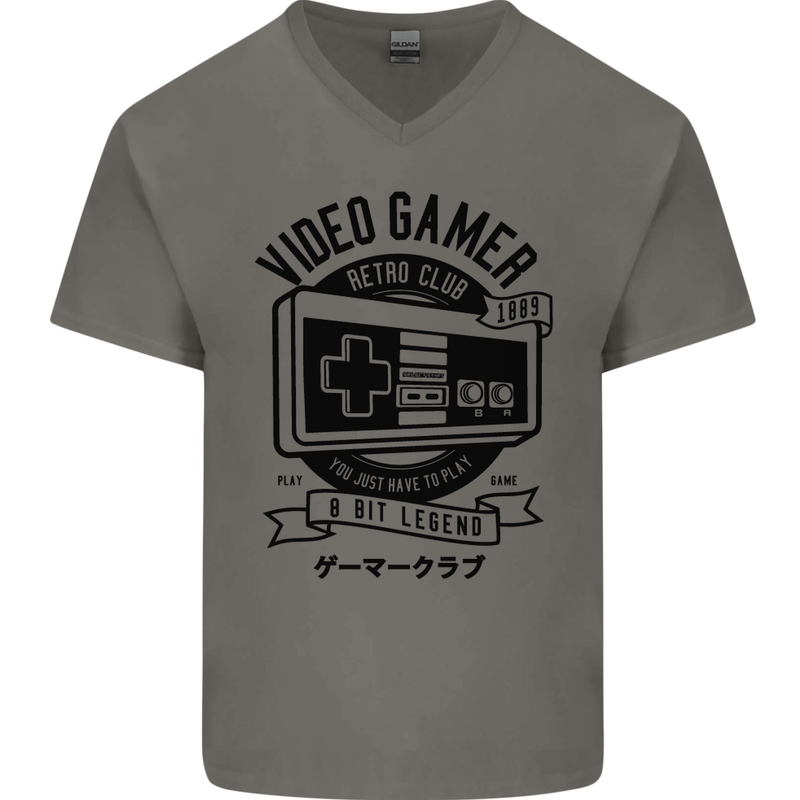 Video Gamer Retro Club Gaming Mens V-Neck Cotton T-Shirt Charcoal