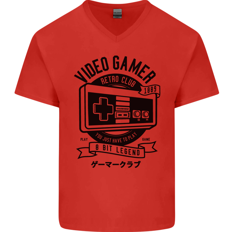 Video Gamer Retro Club Gaming Mens V-Neck Cotton T-Shirt Red
