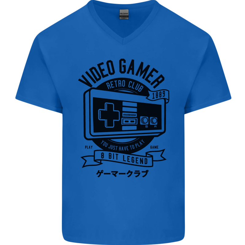 Video Gamer Retro Club Gaming Mens V-Neck Cotton T-Shirt Royal Blue