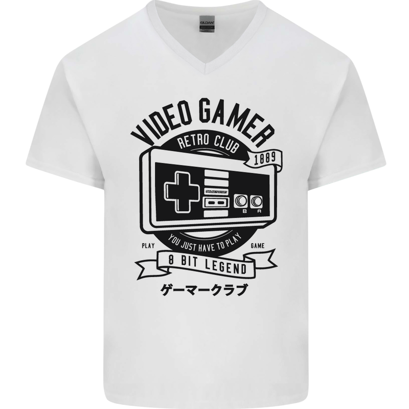 Video Gamer Retro Club Gaming Mens V-Neck Cotton T-Shirt White