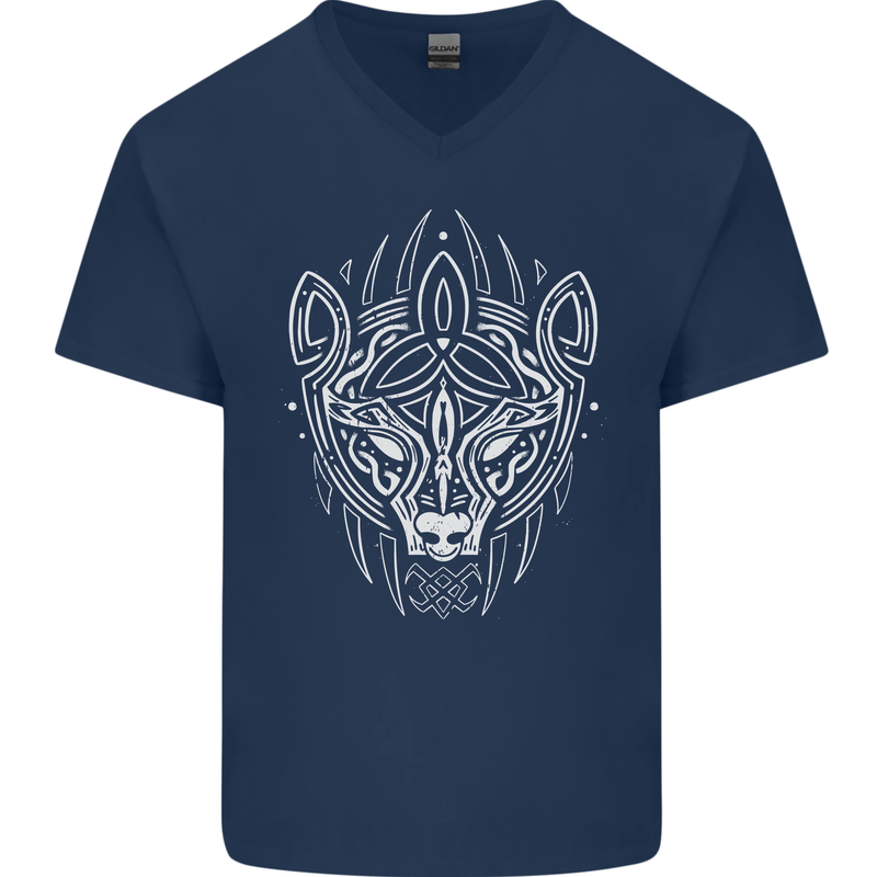 Viking Bear Symbols With Valknut Symbol Mens V-Neck Cotton T-Shirt Navy Blue