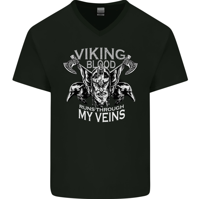Viking Blood Odin Valhalla Norse Mythology Mens V-Neck Cotton T-Shirt Black