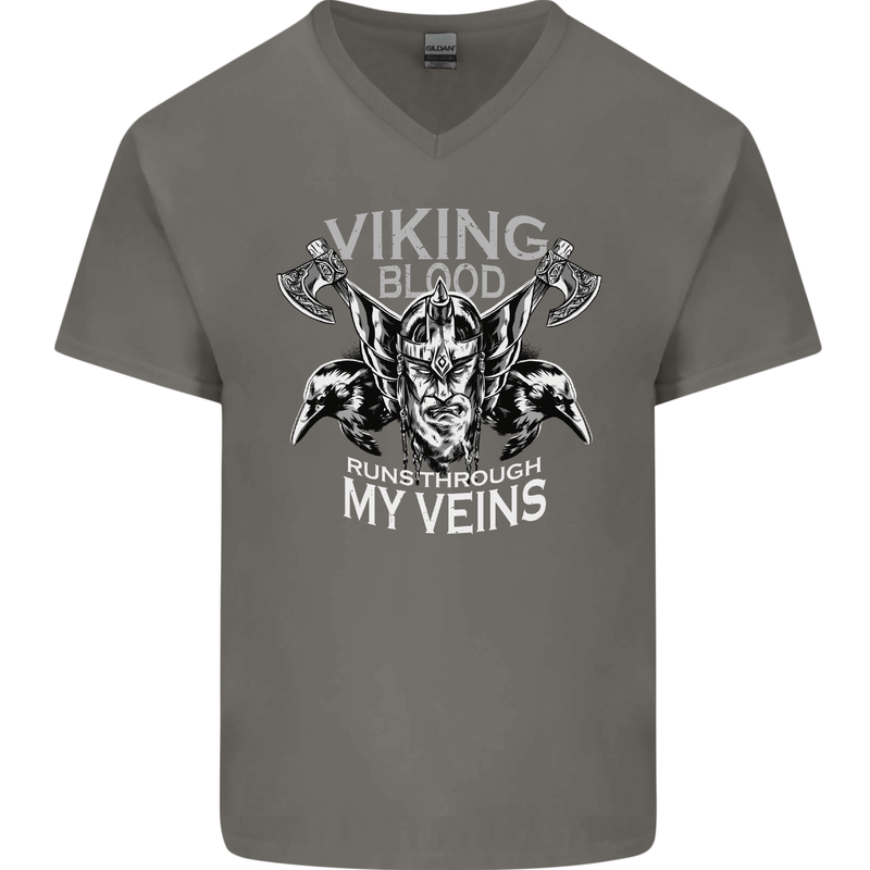 Viking Blood Odin Valhalla Norse Mythology Mens V-Neck Cotton T-Shirt Charcoal