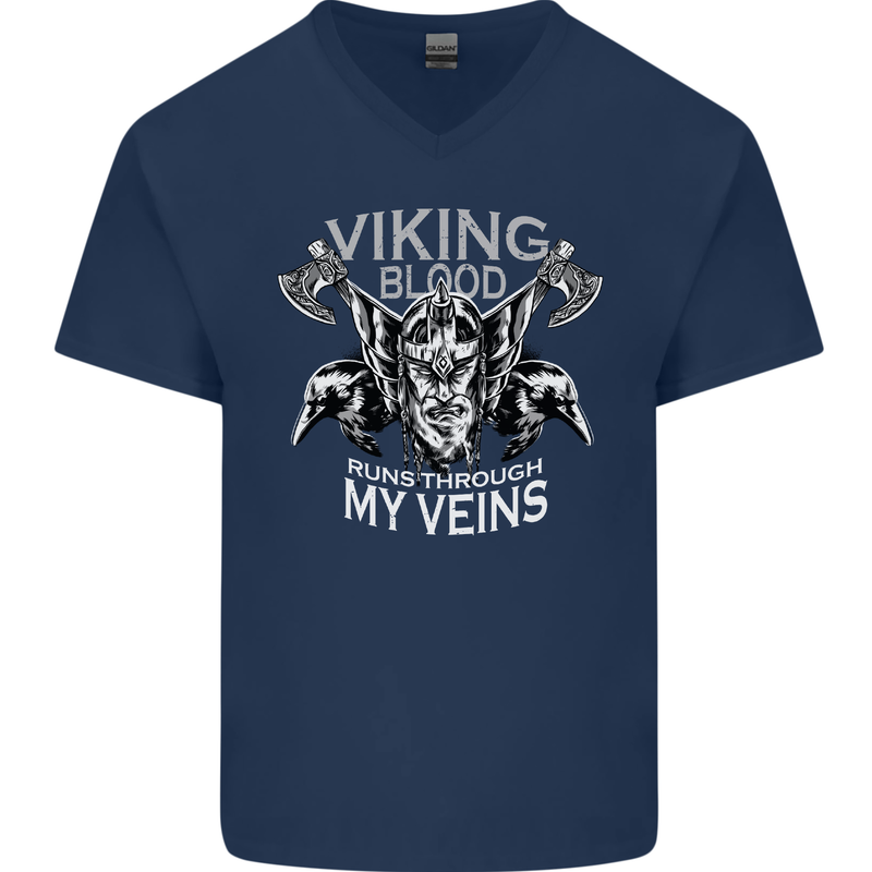 Viking Blood Odin Valhalla Norse Mythology Mens V-Neck Cotton T-Shirt Navy Blue