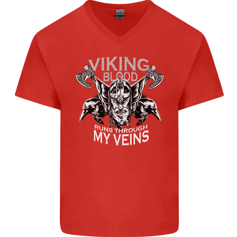 Viking Blood Odin Valhalla Norse Mythology Mens V-Neck Cotton T-Shirt Red