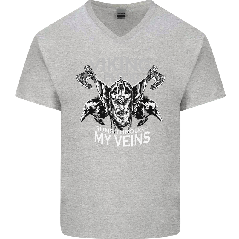 Viking Blood Odin Valhalla Norse Mythology Mens V-Neck Cotton T-Shirt Sports Grey