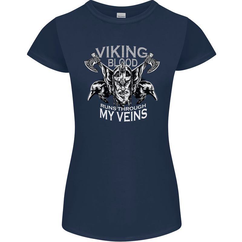Viking Blood Odin Valhalla Norse Mythology Womens Petite Cut T-Shirt Navy Blue