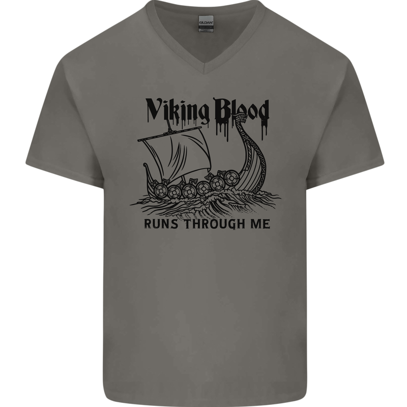 Viking Blood Runs Through Me Ship Sailing Mens V-Neck Cotton T-Shirt Charcoal