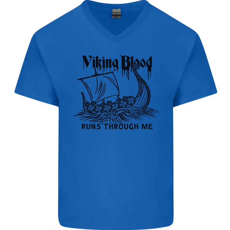 Viking Blood Runs Through Me Ship Sailing Mens V-Neck Cotton T-Shirt Royal Blue