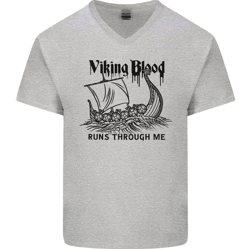 Viking Blood Runs Through Me Ship Sailing Mens V-Neck Cotton T-Shirt Sports Grey
