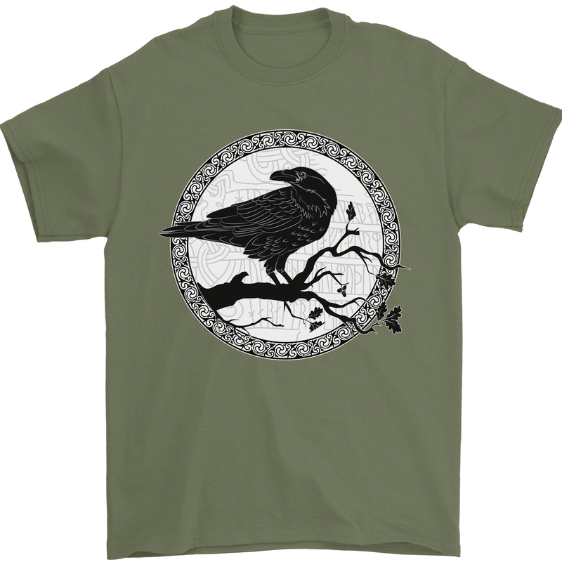 Viking Crow Celtic Norse Valhalla Odin Thor Mens T-Shirt Cotton Gildan Military Green