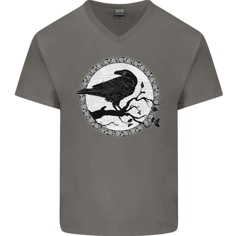 Viking Crow Celtic Norse Valhalla Odin Thor Mens V-Neck Cotton T-Shirt Charcoal