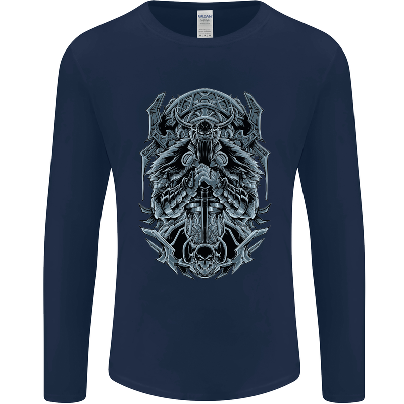 Viking God Odin Valhalla Norse Warrior Mens Long Sleeve T-Shirt Navy Blue