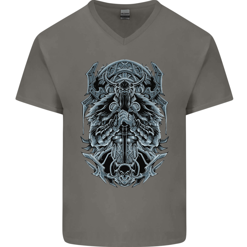 Viking God Odin Valhalla Norse Warrior Mens V-Neck Cotton T-Shirt Charcoal