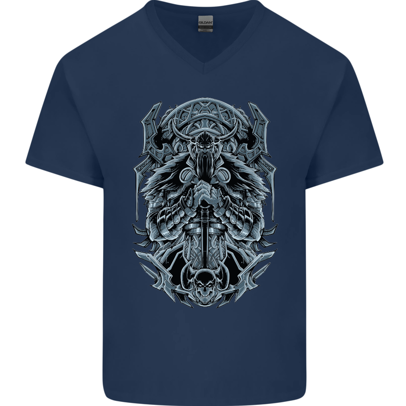 Viking God Odin Valhalla Norse Warrior Mens V-Neck Cotton T-Shirt Navy Blue