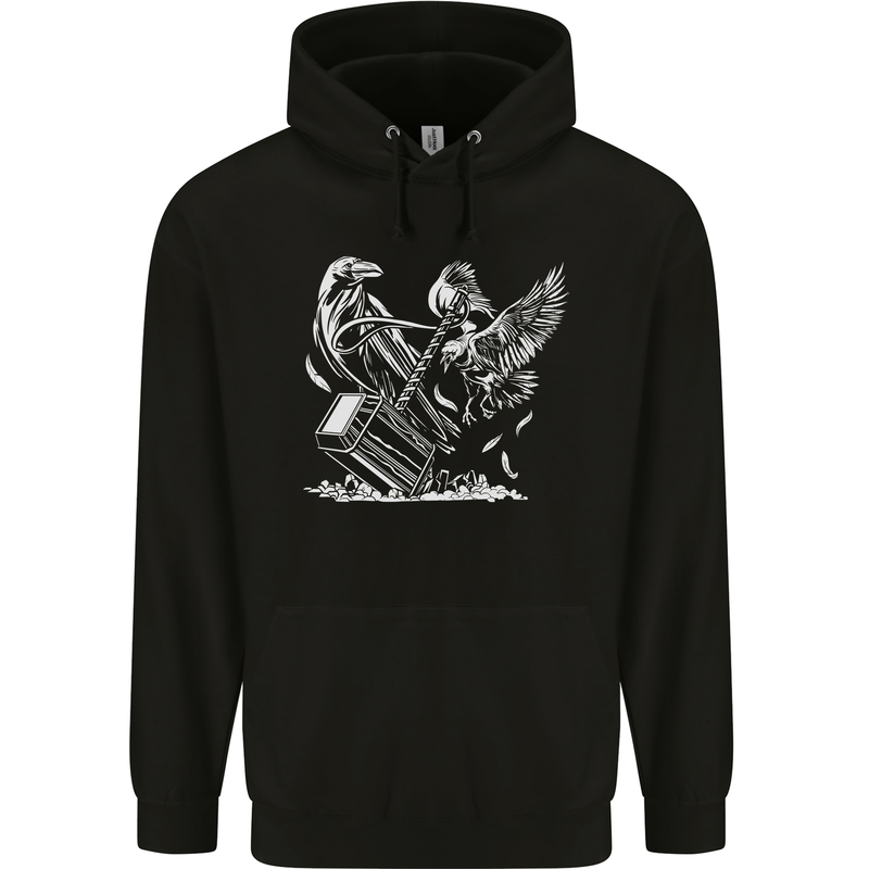 Viking Hammer and Raven Mens 80% Cotton Hoodie Black