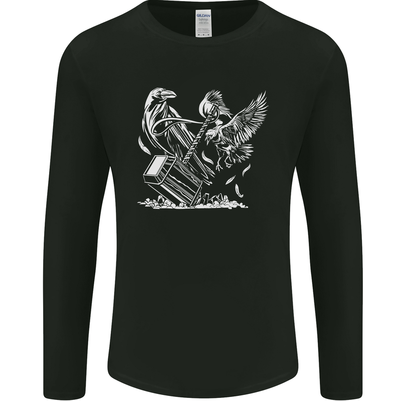 Viking Hammer and Raven Mens Long Sleeve T-Shirt Black