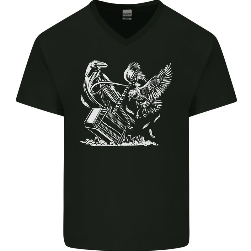Viking Hammer and Raven Mens V-Neck Cotton T-Shirt Black