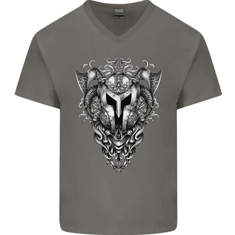 Viking Helmet Valhalla Gym Training Top Mens V-Neck Cotton T-Shirt Charcoal