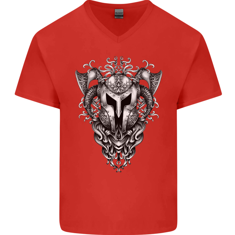 Viking Helmet Valhalla Gym Training Top Mens V-Neck Cotton T-Shirt Red
