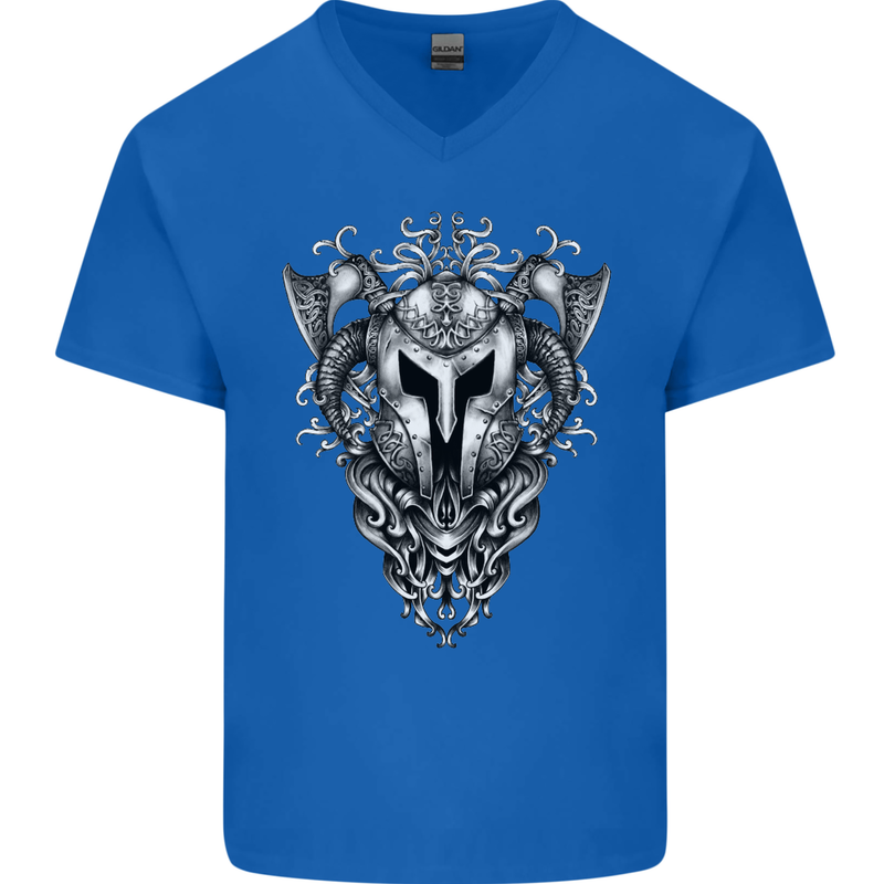 Viking Helmet Valhalla Gym Training Top Mens V-Neck Cotton T-Shirt Royal Blue