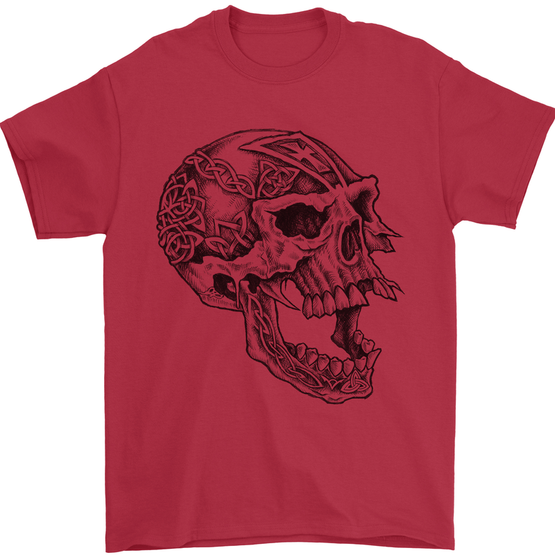 Viking Skull Symbols Mens T-Shirt Cotton Gildan Red