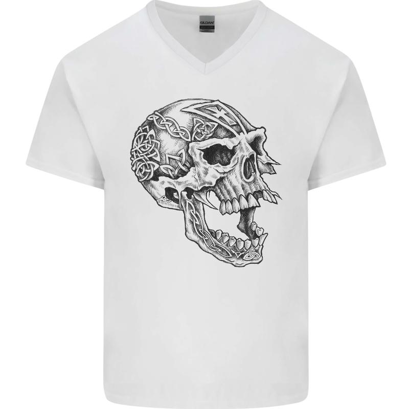 Viking Skull Symbols Mens V-Neck Cotton T-Shirt White
