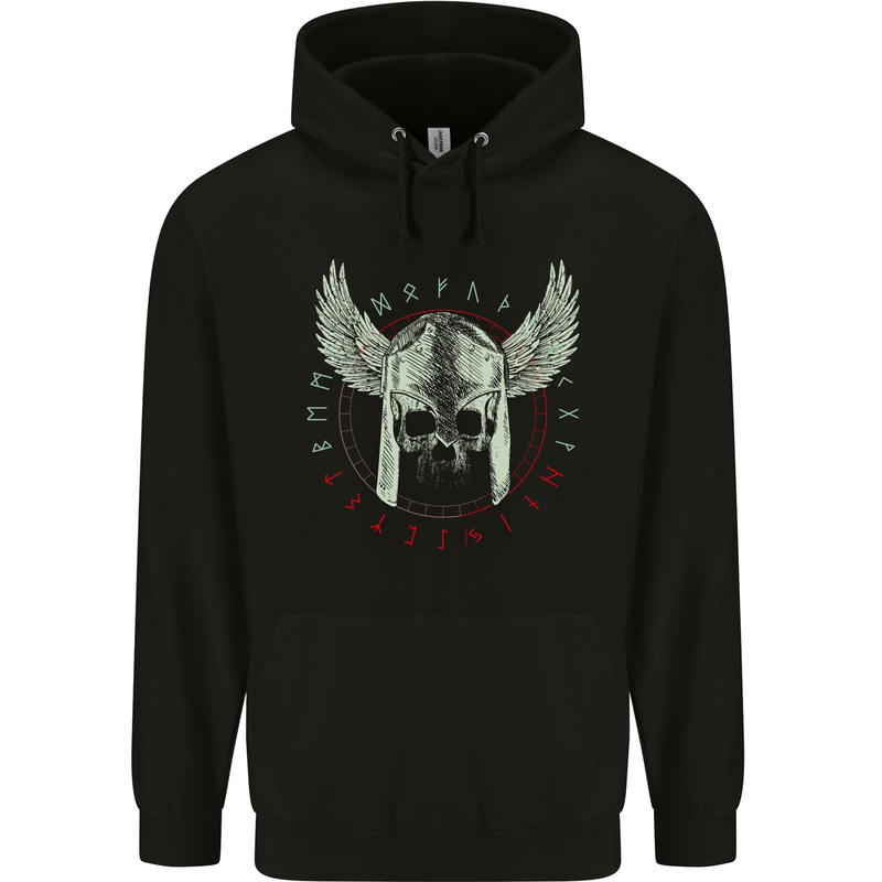 Viking Skull Wings Runic Text Gym Helmet Mens Hoodie Black