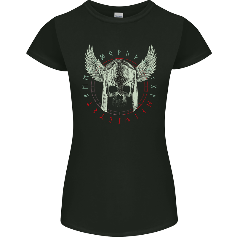 Viking Skull Wings Runic Text Gym Helmet Womens Petite Cut T-Shirt Black
