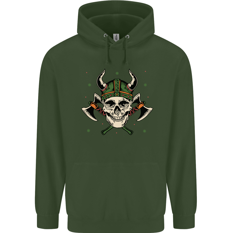 Viking Skull With Axes and Helmet Childrens Kids Hoodie Forest Green
