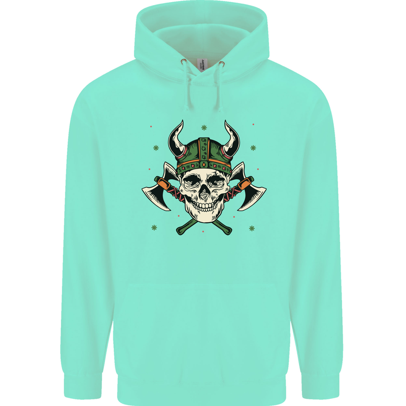 Viking Skull With Axes and Helmet Childrens Kids Hoodie Peppermint