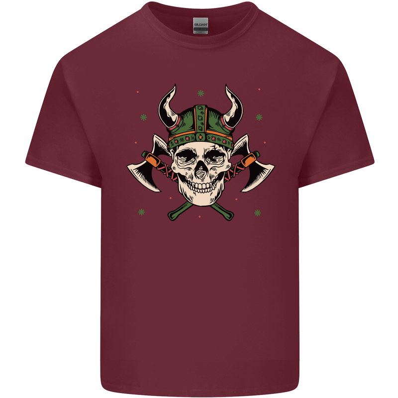 Viking Skull With Axes and Helmet Mens Cotton T-Shirt Tee Top Maroon