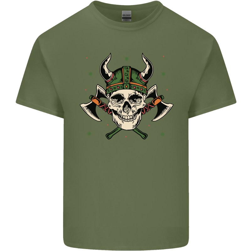 Viking Skull With Axes and Helmet Mens Cotton T-Shirt Tee Top Military Green