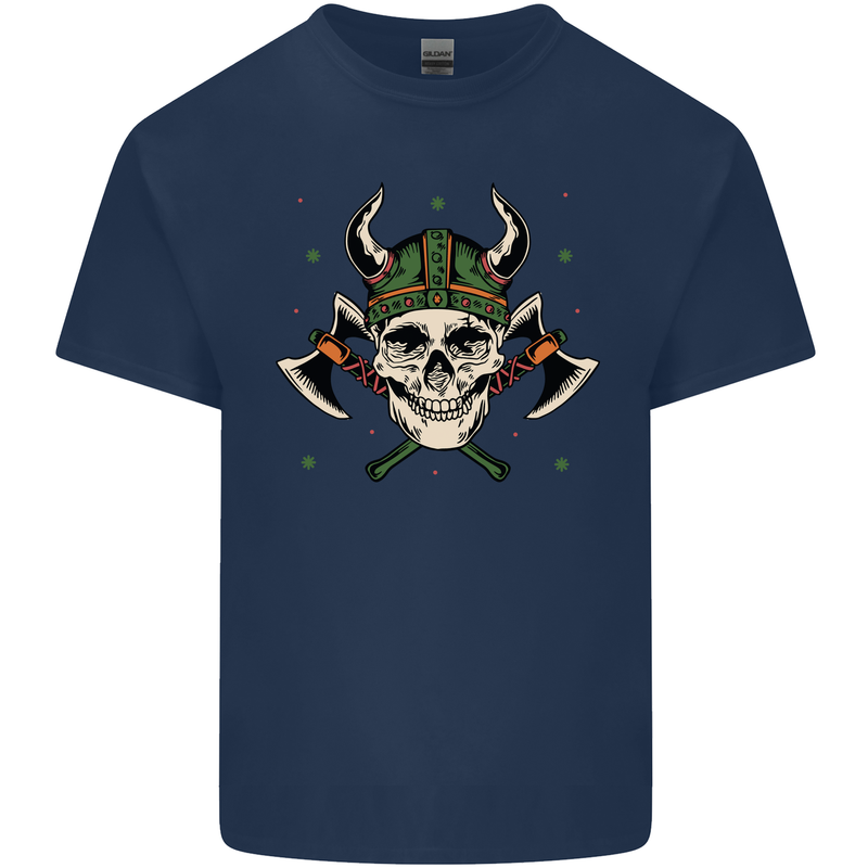 Viking Skull With Axes and Helmet Mens Cotton T-Shirt Tee Top Navy Blue