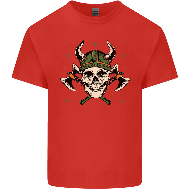 Viking Skull With Axes and Helmet Mens Cotton T-Shirt Tee Top Red