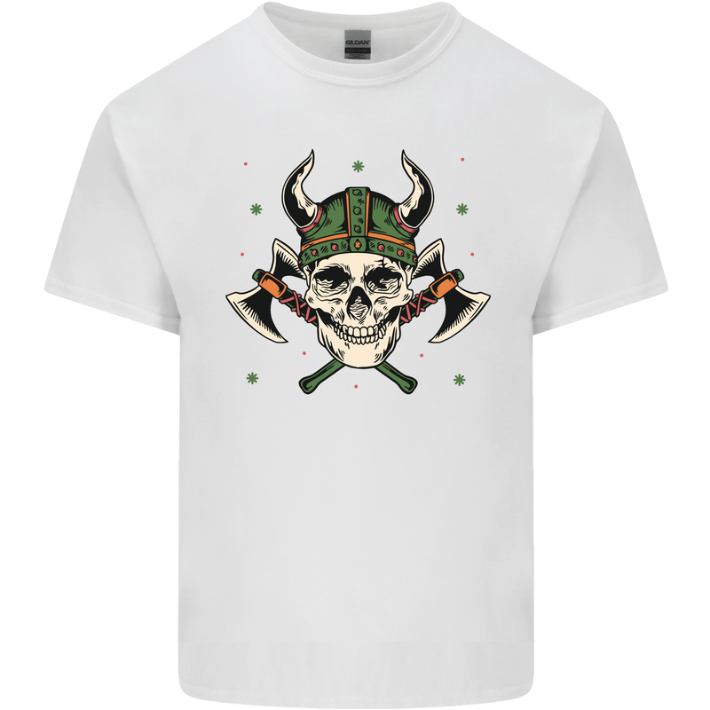 Viking Skull With Axes and Helmet Mens Cotton T-Shirt Tee Top White