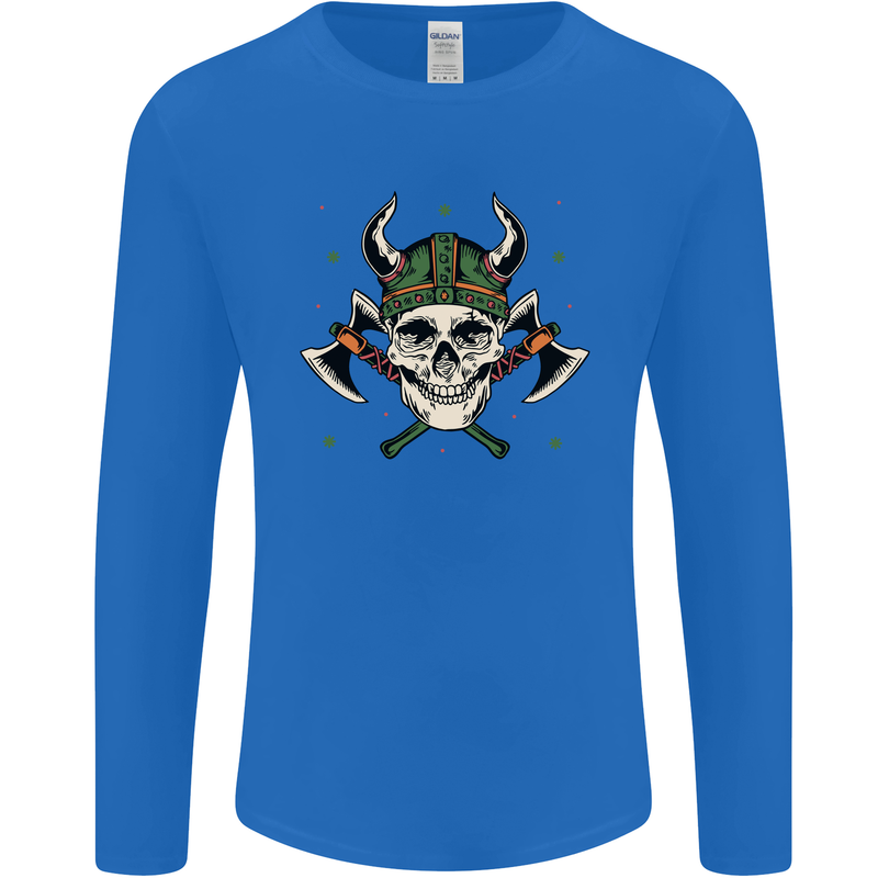 Viking Skull With Axes and Helmet Mens Long Sleeve T-Shirt Royal Blue