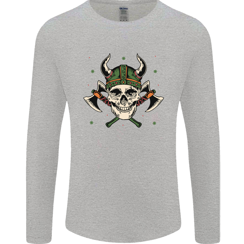 Viking Skull With Axes and Helmet Mens Long Sleeve T-Shirt Sports Grey
