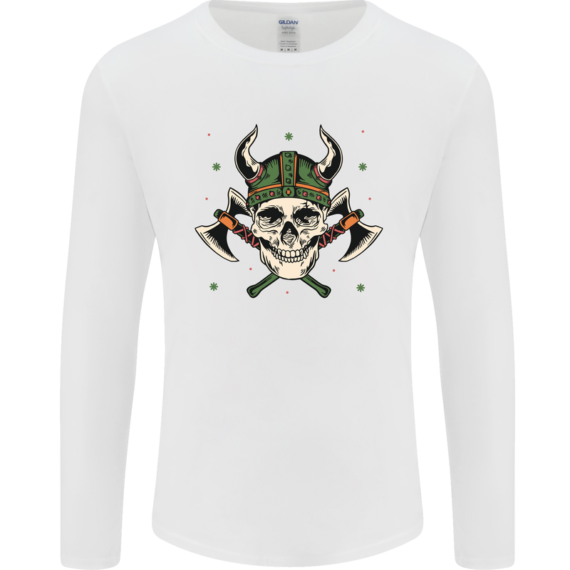Viking Skull With Axes and Helmet Mens Long Sleeve T-Shirt White