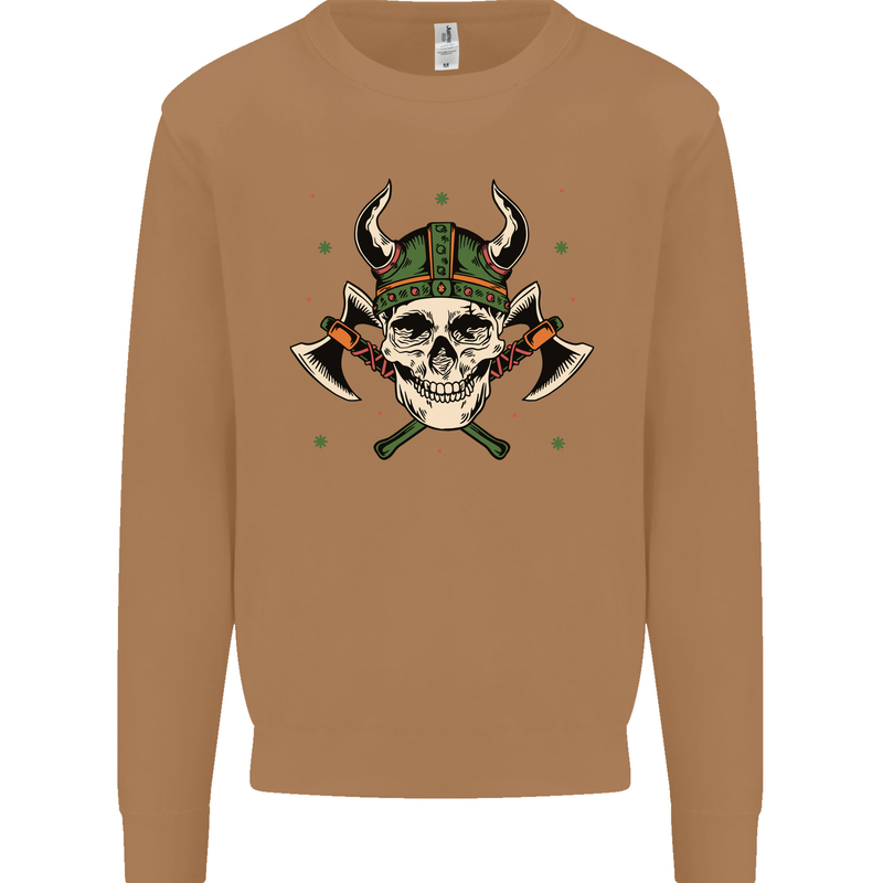 Viking Skull With Axes and Helmet Mens Sweatshirt Jumper Caramel Latte